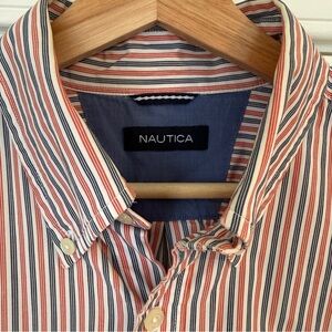 Nautica Men's Casual Shirt - Blue, Orange, and White Stripes